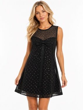 Yumi Size XS Black Mesh Bow A-Line Dress with Gold Dot Detail